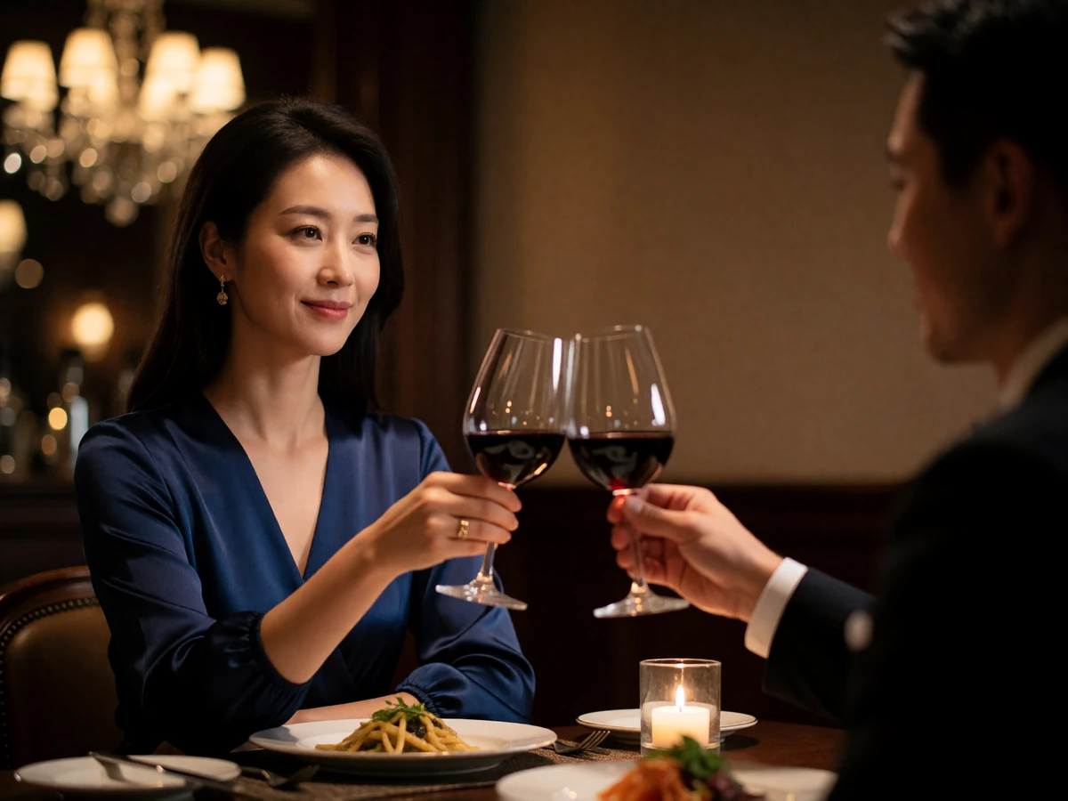 South Korean woman in an evening dress sharing a wine toast with her partner at a warmly lit fine-dining restaurant table