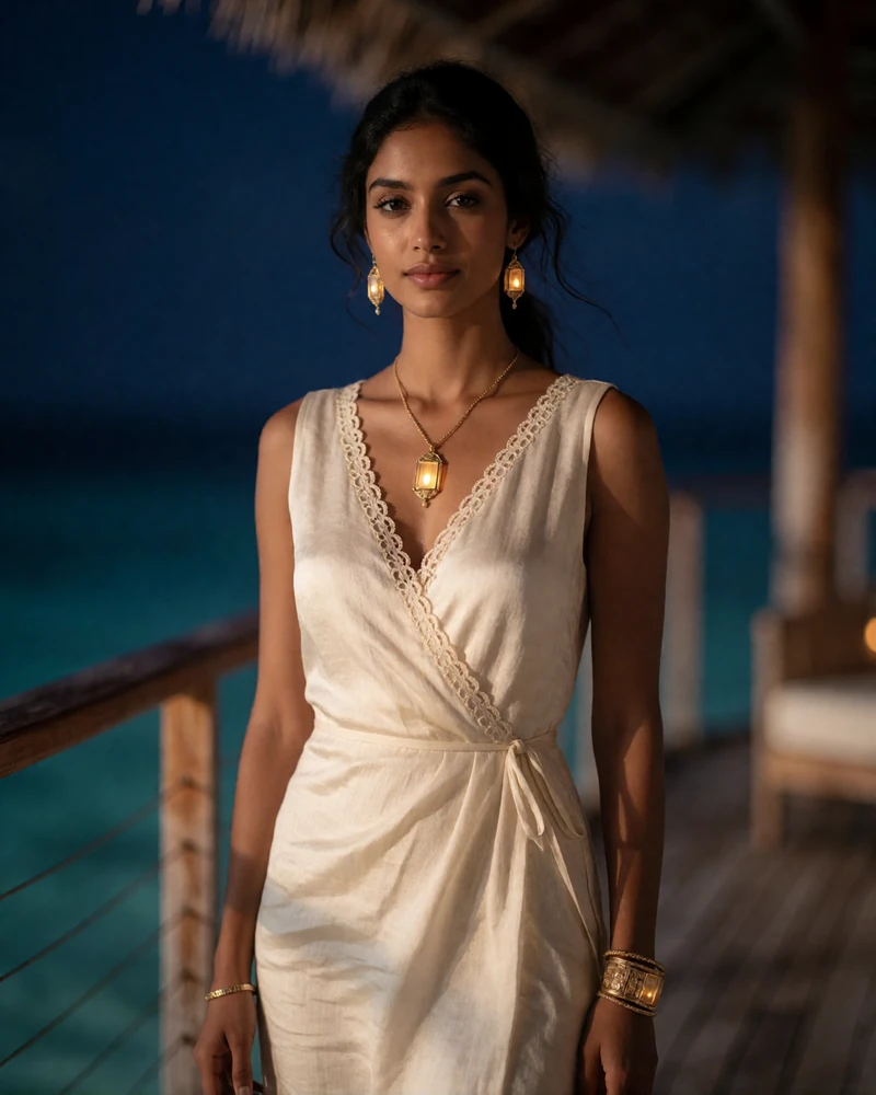 Maldivian woman in her late twenties in an ivory linen dress on a resort veranda overlooking the sea, asian dating woman profile example