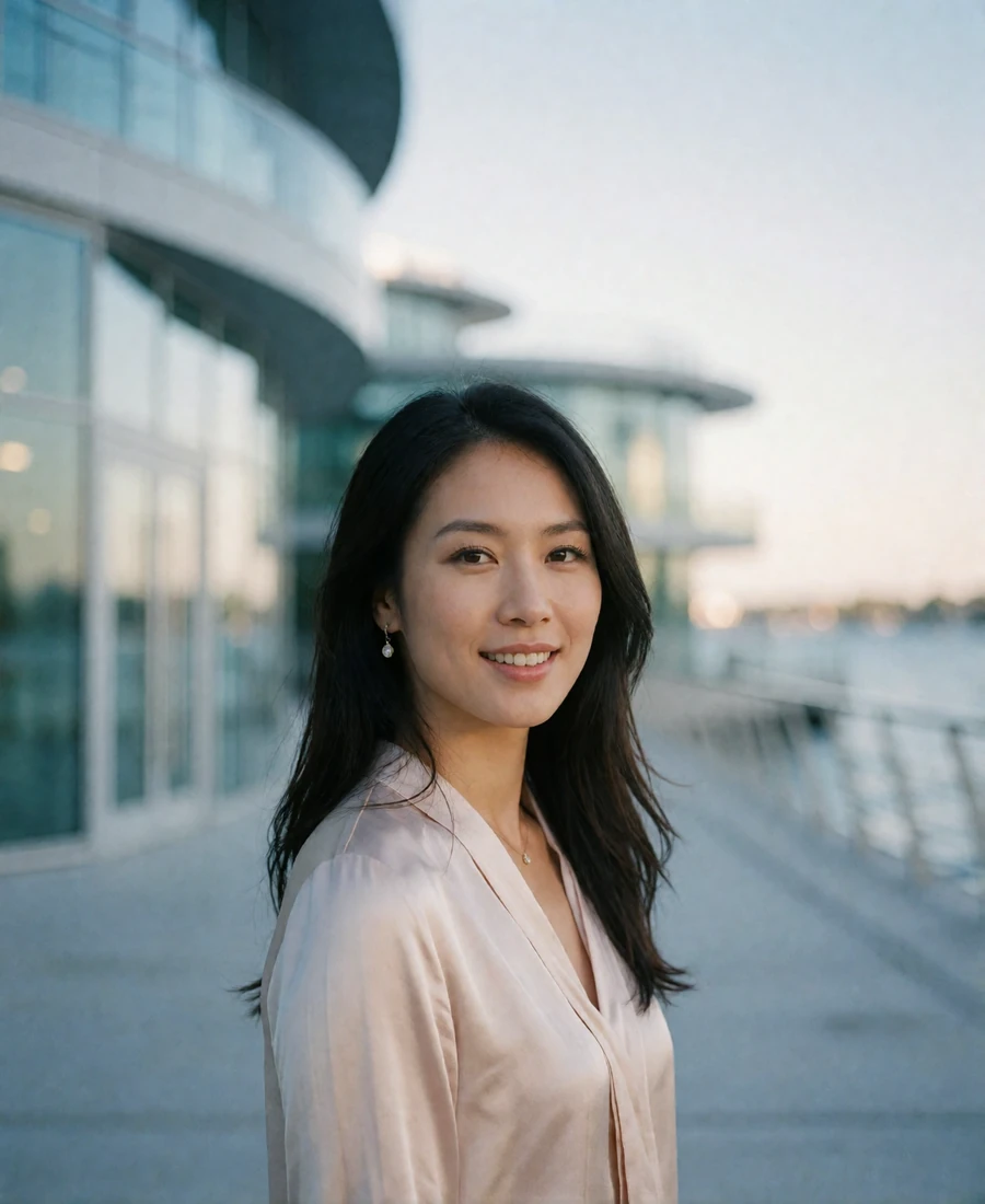 Asian woman in a pale blush silk blouse standing along a sunlit Singapore waterfront promenade - singaporean dating app profile example