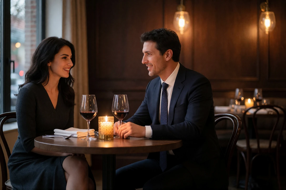 Armenian woman in an elegant charcoal dress sharing a conversation with her partner at a candlelit fine-dining table