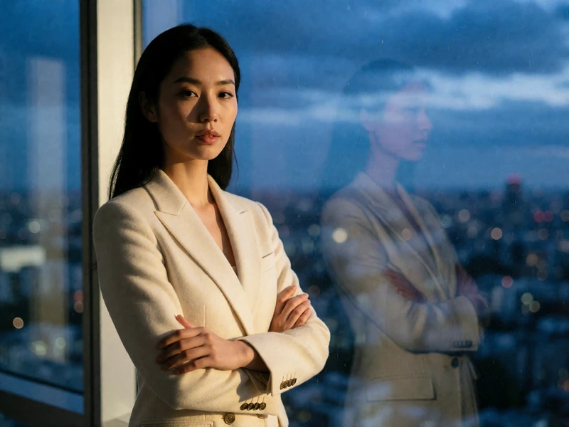 Asian woman in a tailored ivory blazer standing beside an office window overlooking the city at dusk