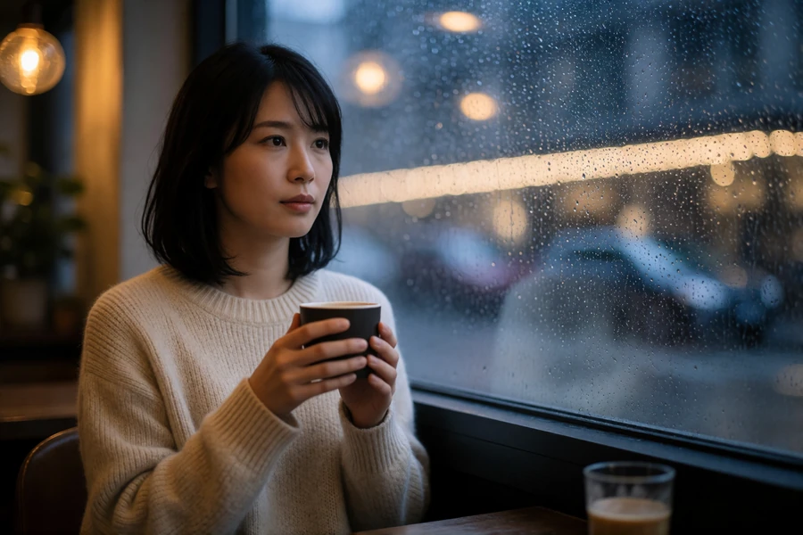 Japanese woman in a cream knit sweater holding a cup thoughtfully by a rain-softened cafe window