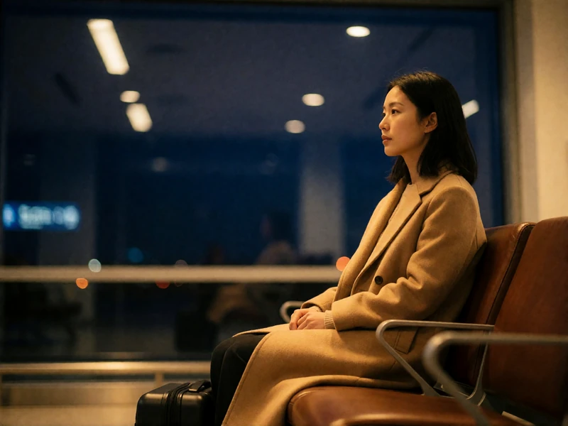 Asian woman sitting alone with a small suitcase in a quiet airport departure lounge at night