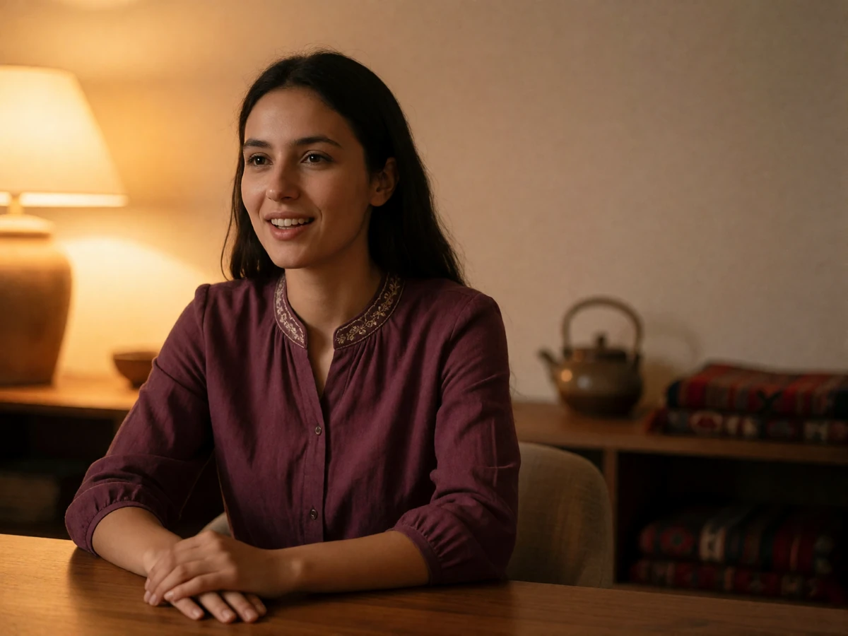 Uzbek woman in her late twenties smiling warmly during a video call in a softly lit living room