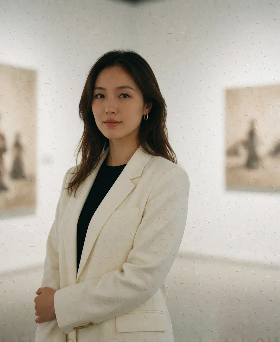 Mongolian woman in her late twenties standing in a bright contemporary art gallery, ivory blazer, calm confident expression - Mongolian dating app profile example