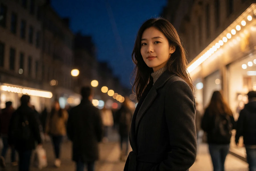 Korean woman in a tailored dark coat smiling on a lively city street lit with warm shopfront lights at evening