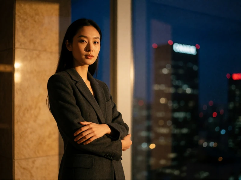Poised Asian woman in a tailored blazer standing near a window in a high-rise interior at dusk