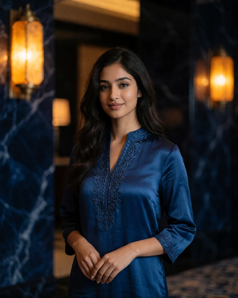 Afghan woman in her mid twenties wearing a sapphire-blue embroidered dress, photographed in a softly lit hotel lobby - Afghan dating profile example