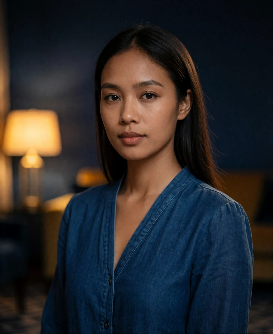 Laotian woman in her mid twenties wearing a deep indigo blouse, looking directly at the camera with a confident expression - Laotian women dating profile example