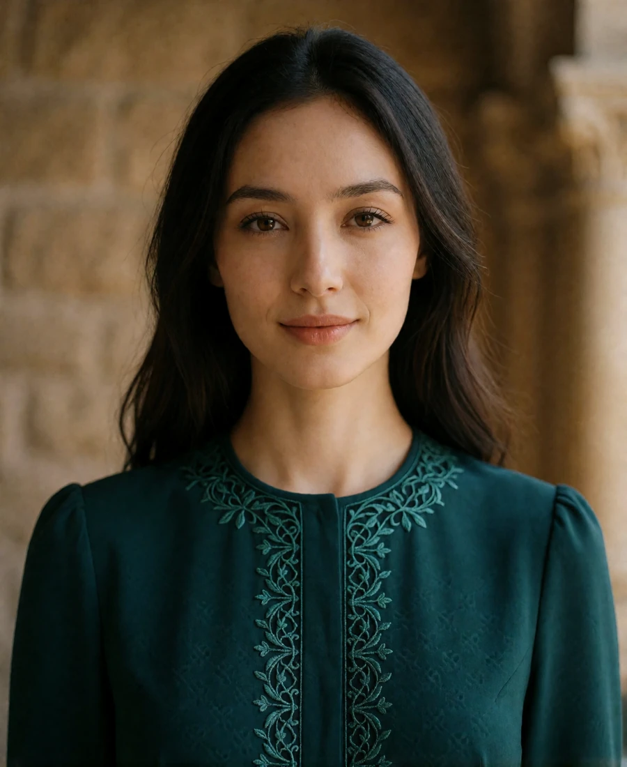 Turkmen woman in her mid twenties wearing an emerald dress with embroidered detail, photographed in soft daylight - Turkmen dating profile example