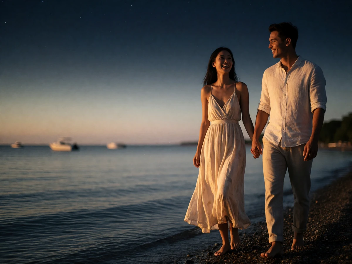 Couple walking barefoot along a quiet shoreline at sunset, holding hands and laughing toward each other