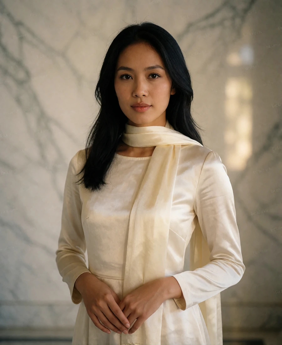 Bruneian woman in her early thirties in an elegant ivory dress and scarf standing in a marble interior - verified Brunei dating profile example