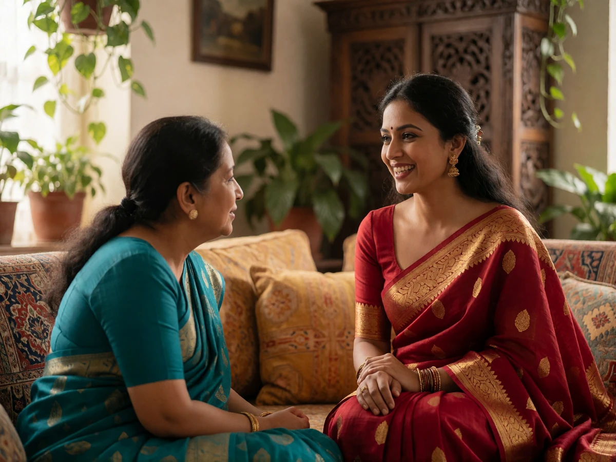 Two South Asian women in warm-toned sarees sharing a relaxed conversation in a softly lit living room