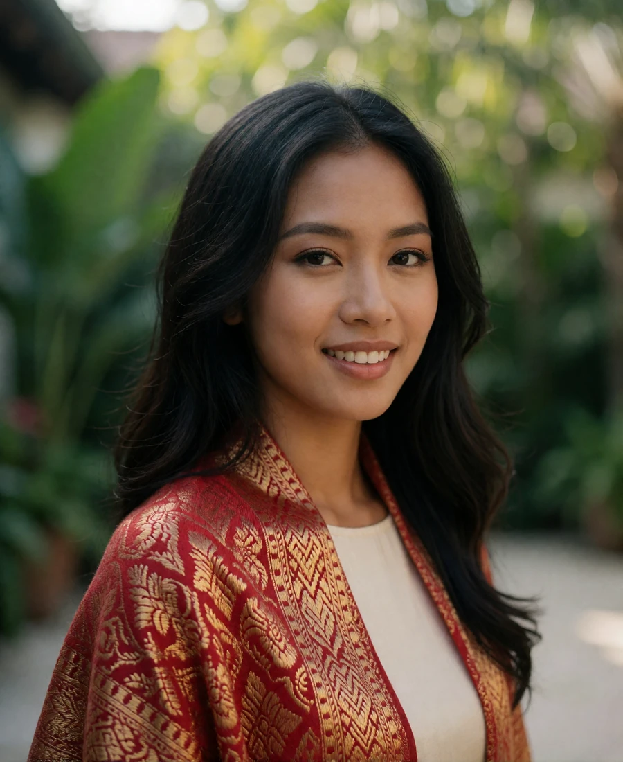 Timorese woman in her mid twenties wearing a finely woven red and gold shawl, smiling with direct eye contact in soft daylight