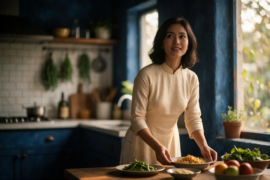 Vietnamese woman in a pale ao dai arranging dishes on a wooden family table in a home kitchen