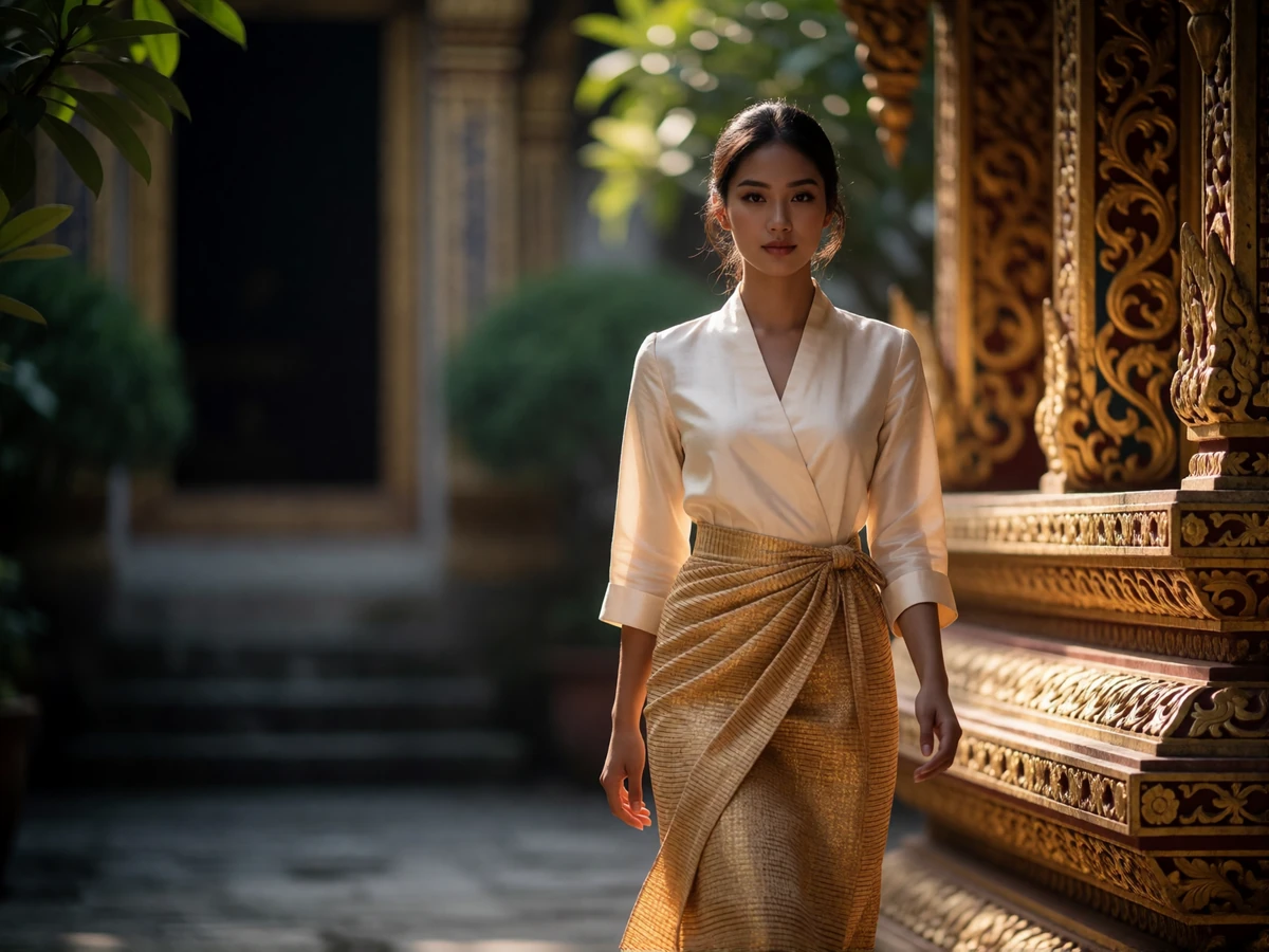 Laotian woman in a woven silk wrap skirt walking through a quiet ornate temple courtyard in warm afternoon light