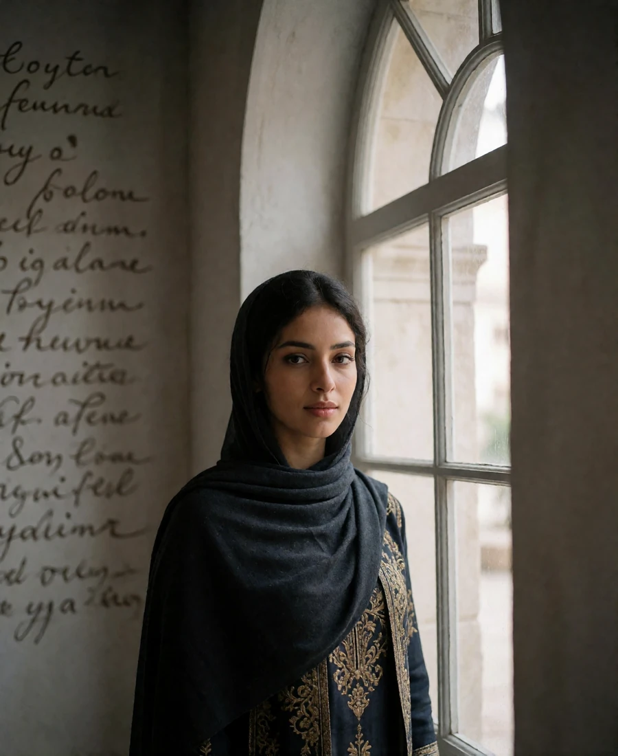 Yemeni woman in her late twenties in a draped charcoal scarf standing beside an arched window in soft natural light - Yemeni dating profile example