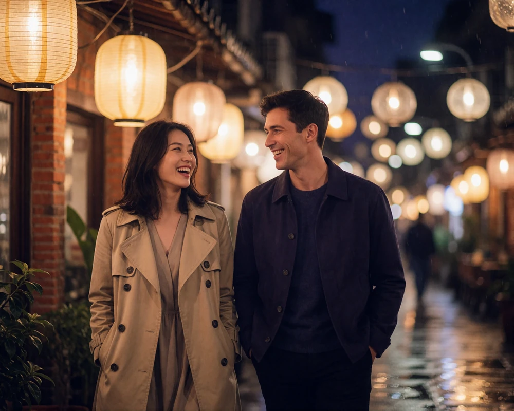 Taiwanese woman walking beside her Western partner along a lively evening street lined with warm hanging lamps