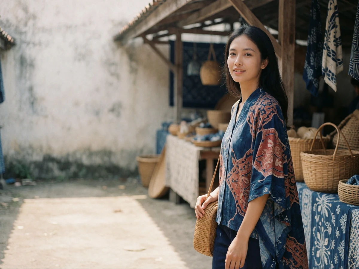 Indonesian woman in a batik-print blouse walking through a sunlit open-air craft market, glancing back with a relaxed smile