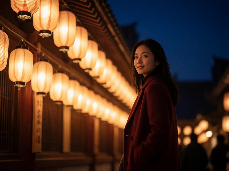 Asian woman in a dark red coat walking along a lantern-lit temple street at night