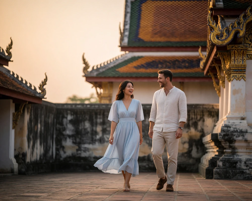 Thai woman in a pale-blue dress walking beside her partner through a historic temple courtyard in Chiang Mai at golden hour