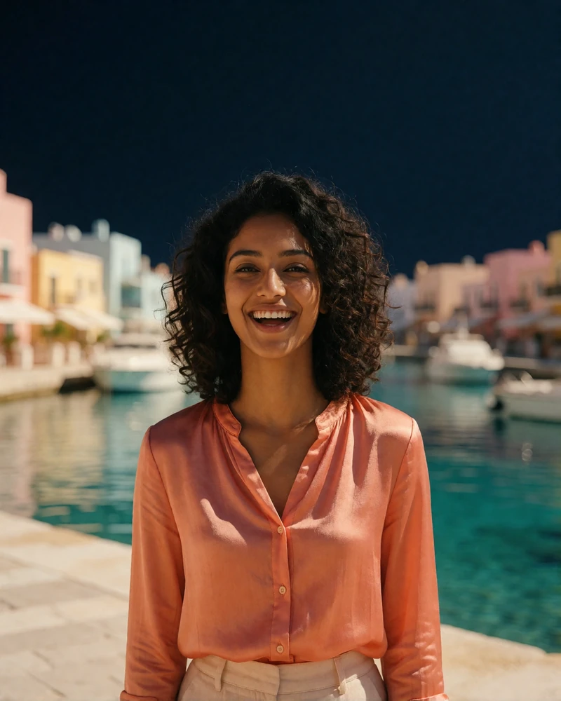 Maldivian woman in her mid twenties laughing on a bright waterfront promenade with pastel buildings behind her, Maldives girlfriend profile example