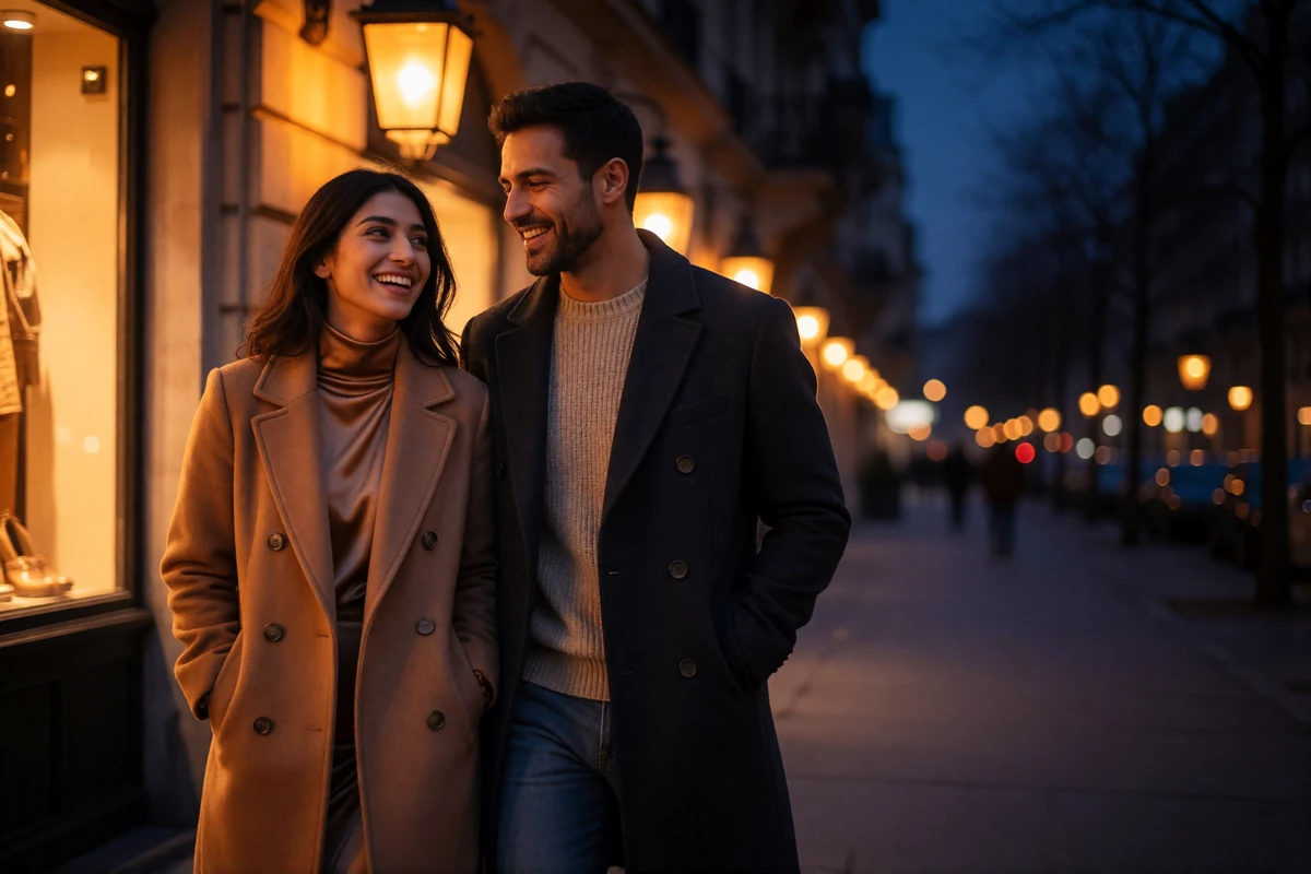 Afghan woman in a camel coat walking beside her Western partner along an elegant city street in the evening
