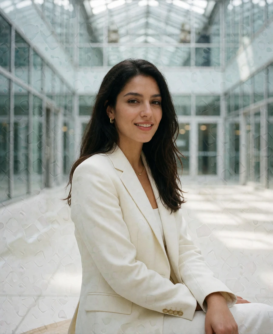 Jordanian woman in her late twenties wearing a tailored ivory blazer in a bright glass atrium - Jordanian dating profile example