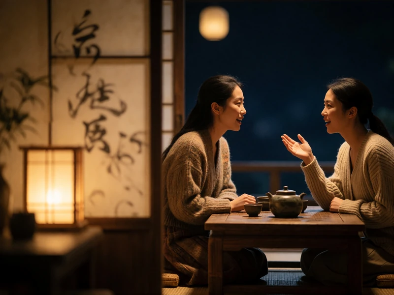 Two Asian women in animated conversation across a low tea table in a warmly lit traditional teahouse