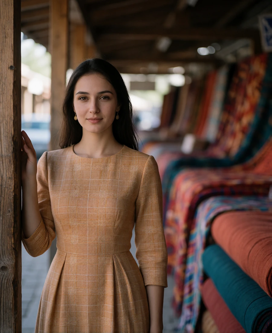 Uzbek woman in her late twenties standing in a covered market walkway, wearing a saffron dress with woven patterning - Uzbek dating profile example