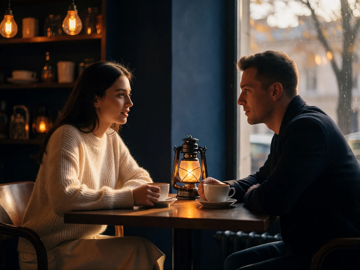 Kyrgyz woman in a cream sweater sharing coffee and conversation with a Western man at a city cafe window table
