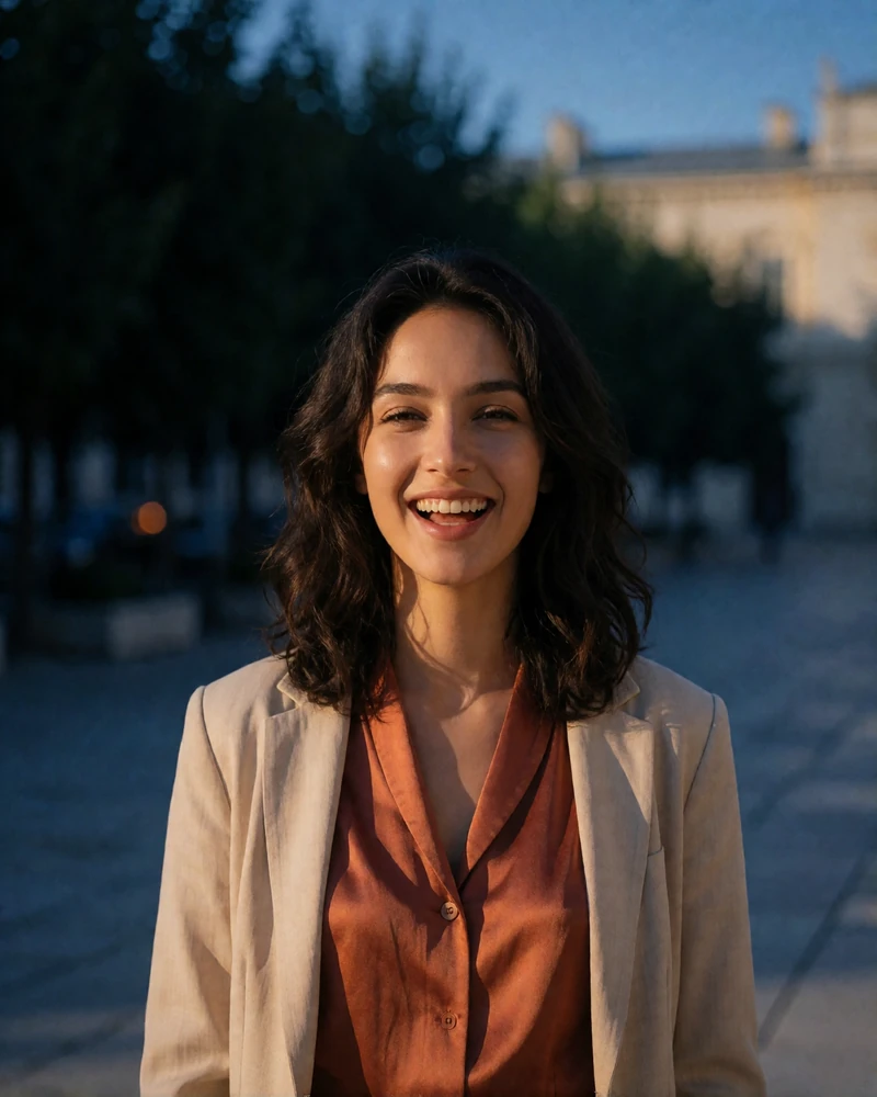 Kyrgyz woman in her mid twenties in a rust-toned blouse laughing in a sunlit city plaza - Central Asian dating profile example