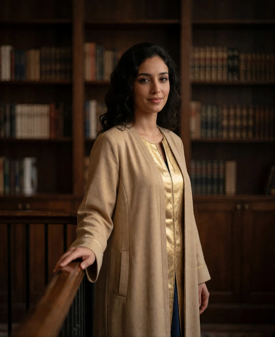 Yemeni woman in her early thirties in a tailored sand-colored abaya standing in a quiet reading room - Yemeni girlfriend profile example