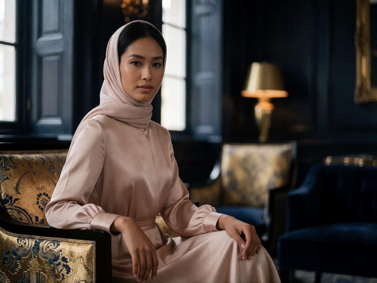 Poised Bruneian woman in a blush silk dress and soft headscarf seated in a luxury hotel lounge with warm interior lighting