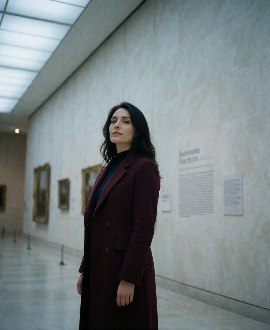 Armenian woman in her early thirties in a burgundy coat standing in a modern gallery corridor - Armenian dating site profile example