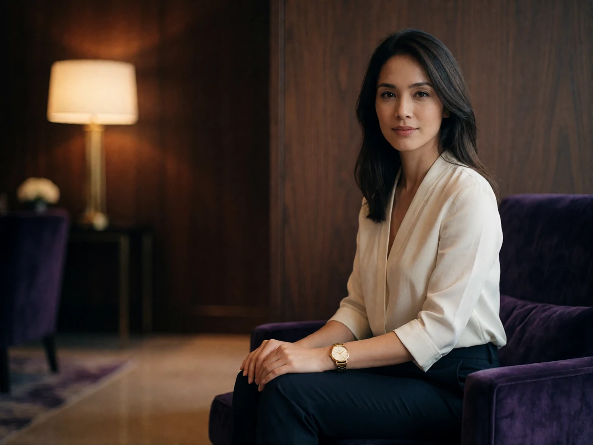 Malaysian woman in a tailored ivory blouse seated in a quiet luxury hotel lounge, smiling naturally toward the camera