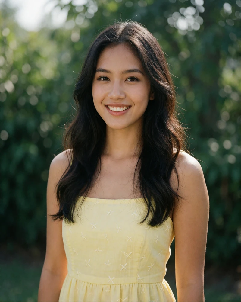 Filipina woman in her mid twenties in a pale yellow sundress smiling against a softly blurred green garden background