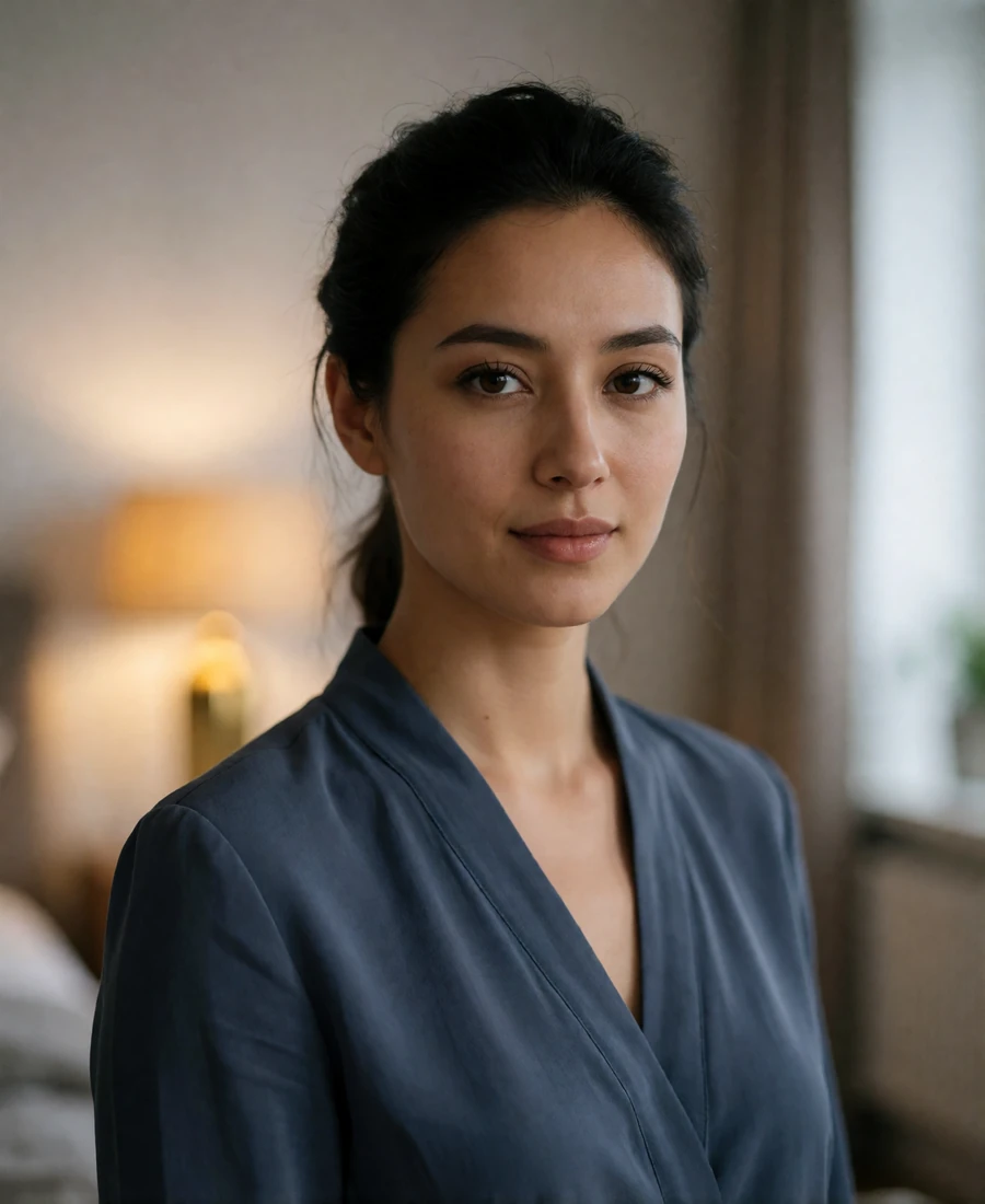 Turkmen woman in her mid twenties wearing a slate blue blouse in a softly lit apartment - Central Asian dating profile example