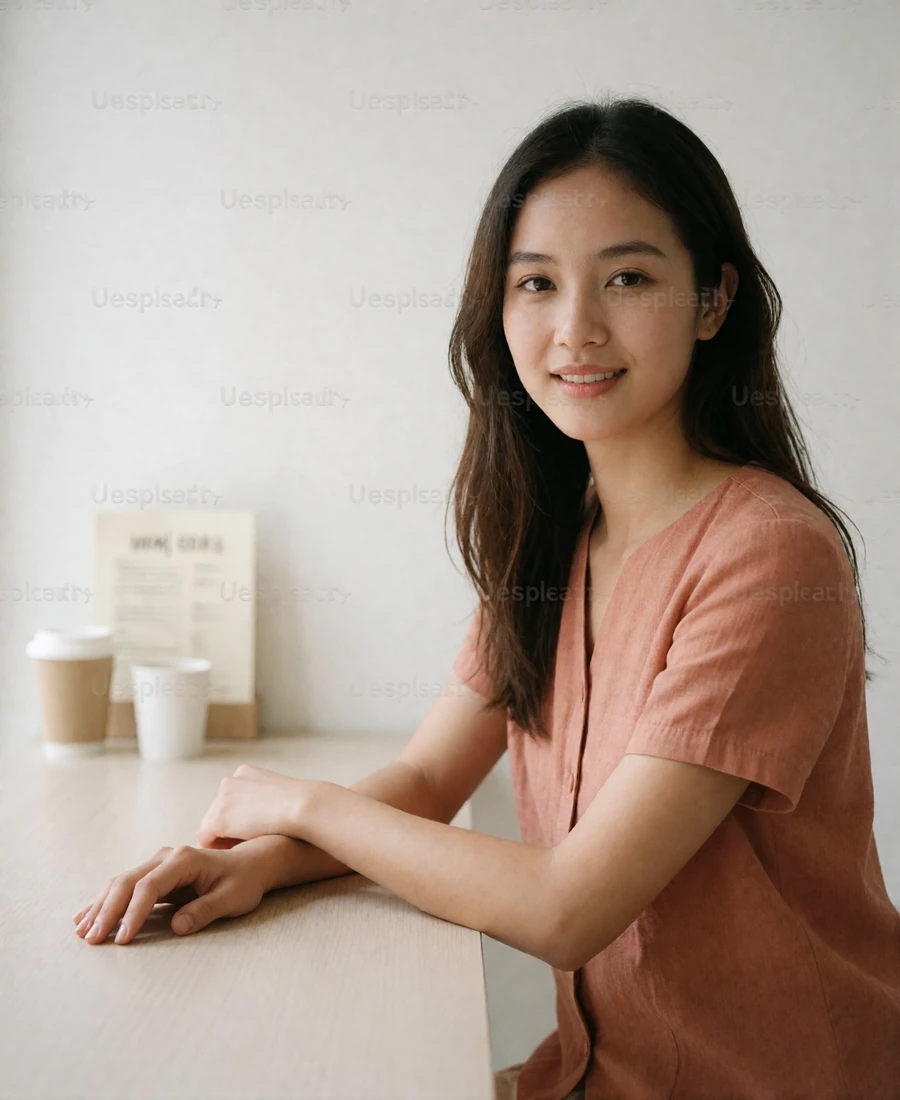 Myanmar woman in her mid twenties seated in a minimalist modern cafe - Burmese dating app profile example