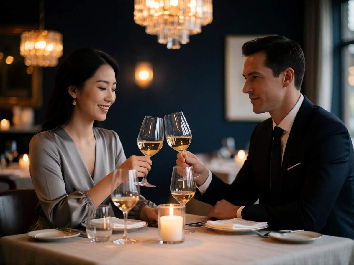 An elegant East Asian woman and her partner sharing a wine toast at a candlelit table in an upscale restaurant