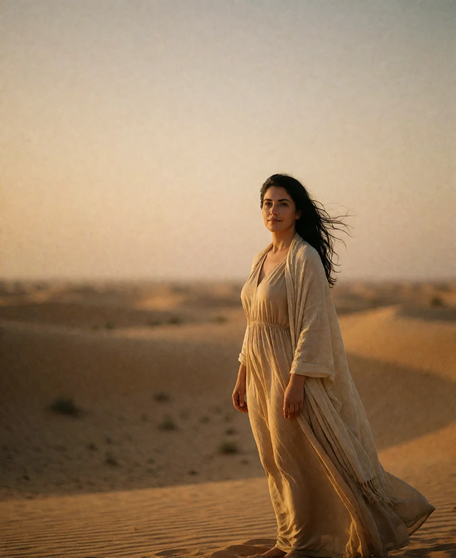 Jordanian woman in her thirties in a flowing sand-colored dress against an open desert landscape at golden hour - asian female dating profile example