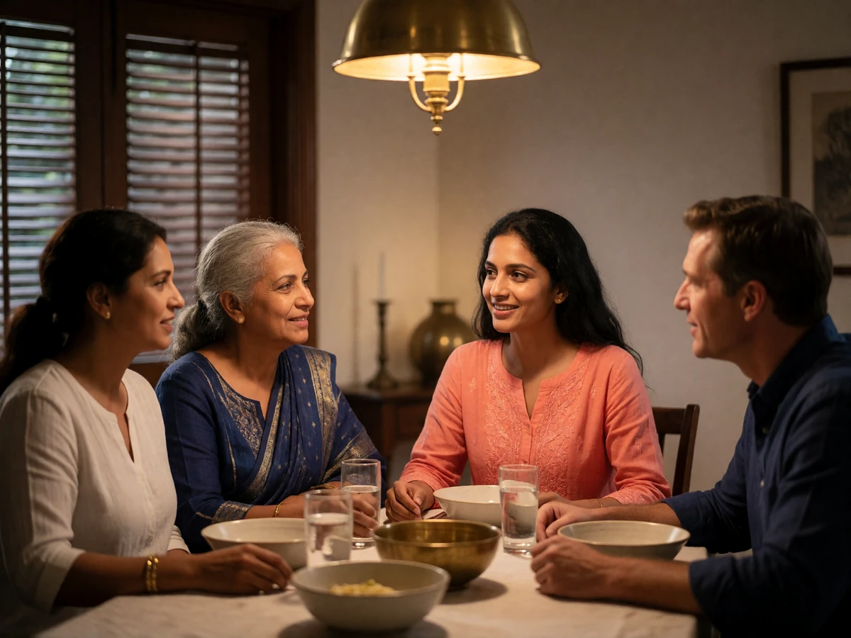An Indian woman in her early thirties sitting at a family dinner table beside her parents and a Western partner during a relaxed home gathering