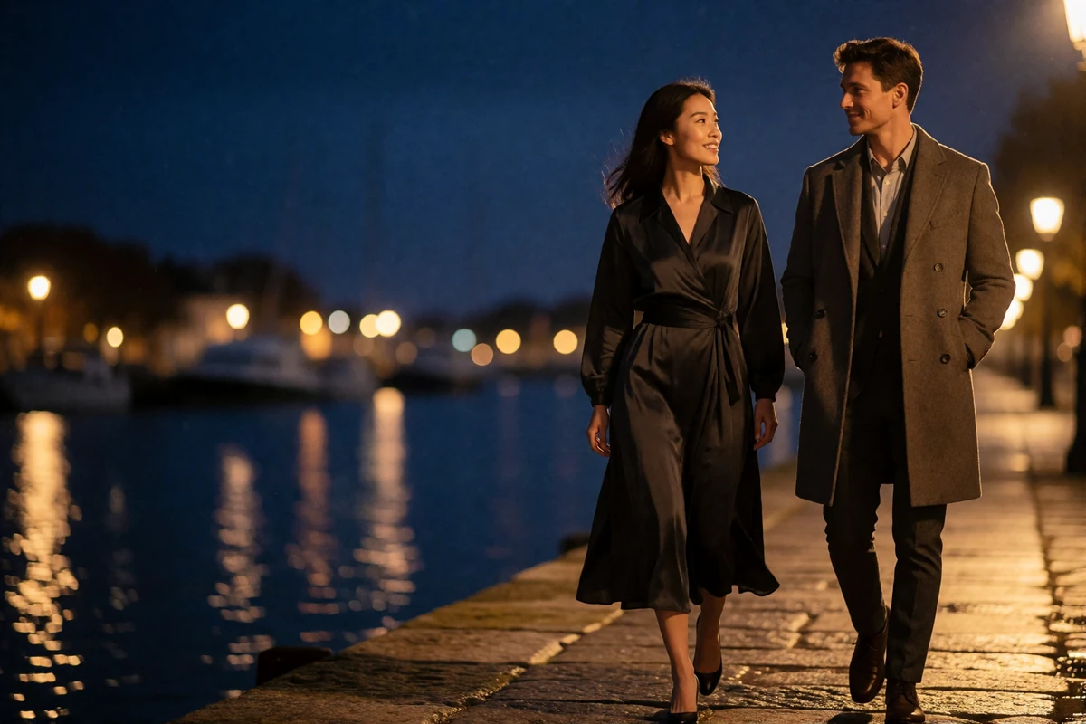 Asian woman in an elegant dark dress walking beside a man along a riverside promenade at dusk during a first in-person meeting