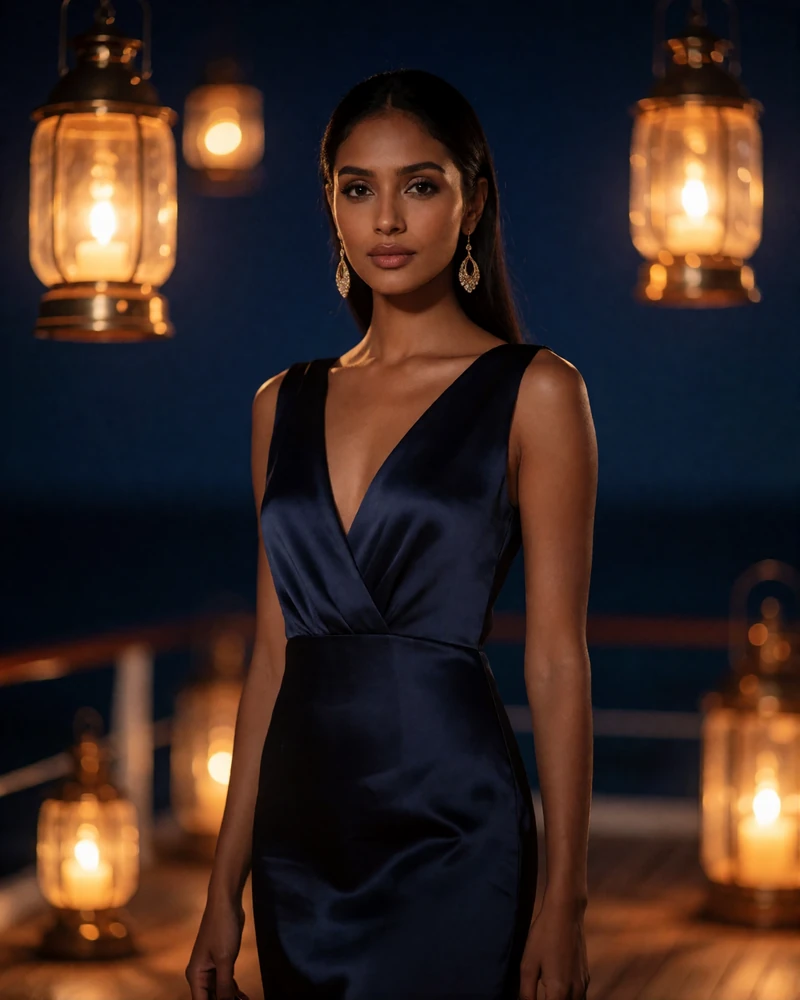 Maldivian woman around thirty in a navy evening dress on a lantern-lit deck at night, Maldivian dating site profile example