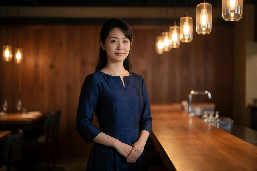 Japanese woman in a dark blue dress standing beside a restaurant counter with hands lightly clasped in a courteous posture