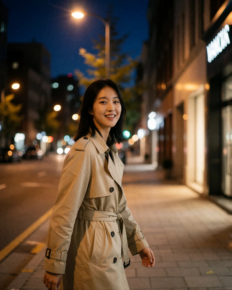 South Korean woman in her mid twenties in a beige trench coat walking on a quiet city street at dusk - Korean dating site profile example