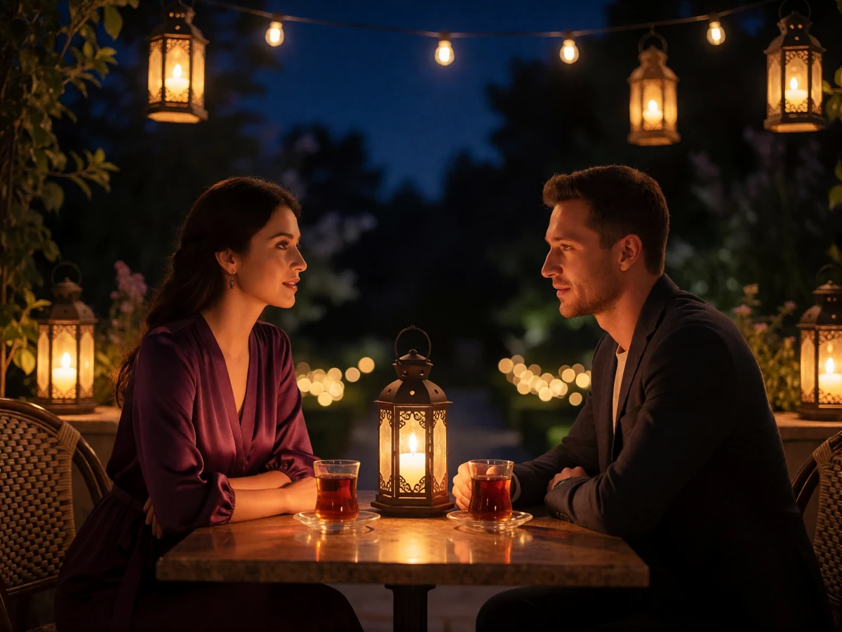 Tajik woman in a plum silk dress and her Western partner sharing tea at a candlelit terrace table under warm lanterns