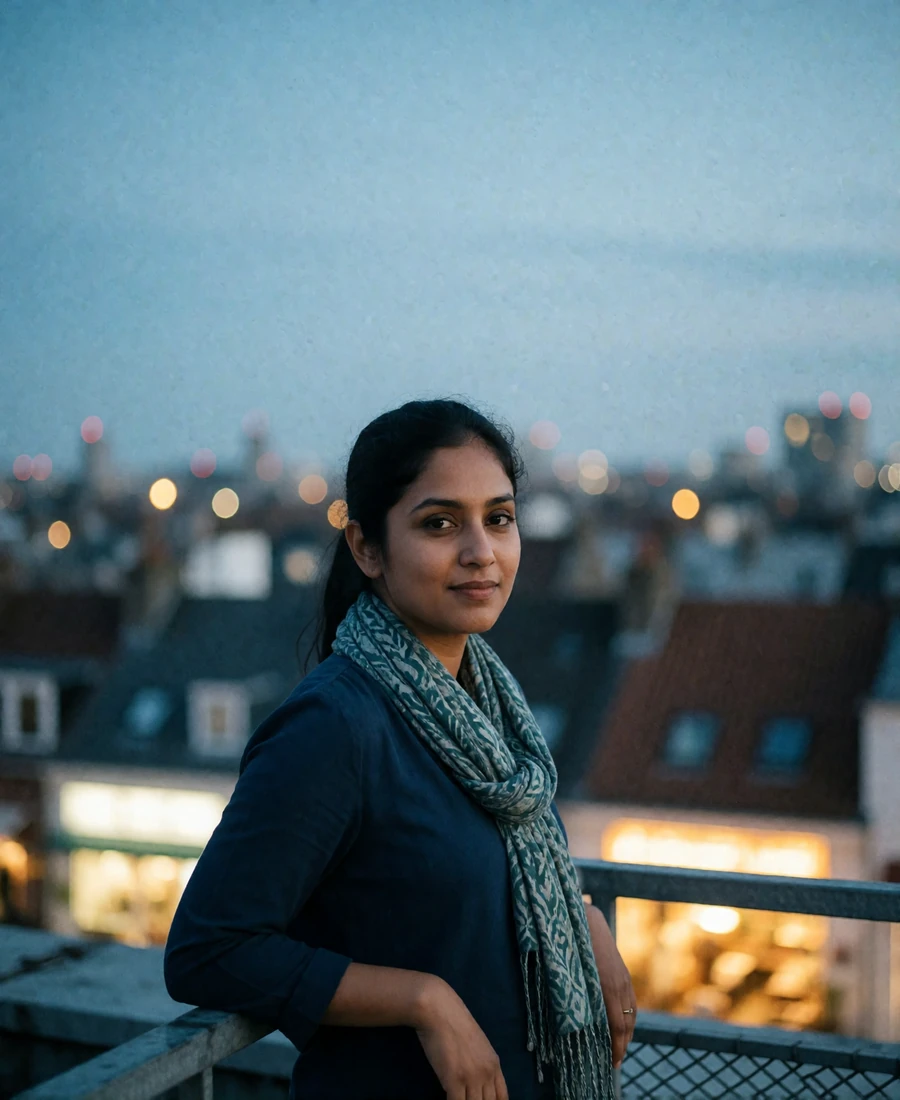 South Asian woman in a navy blouse and patterned scarf on a city rooftop at dusk, women from Bangladesh profile example