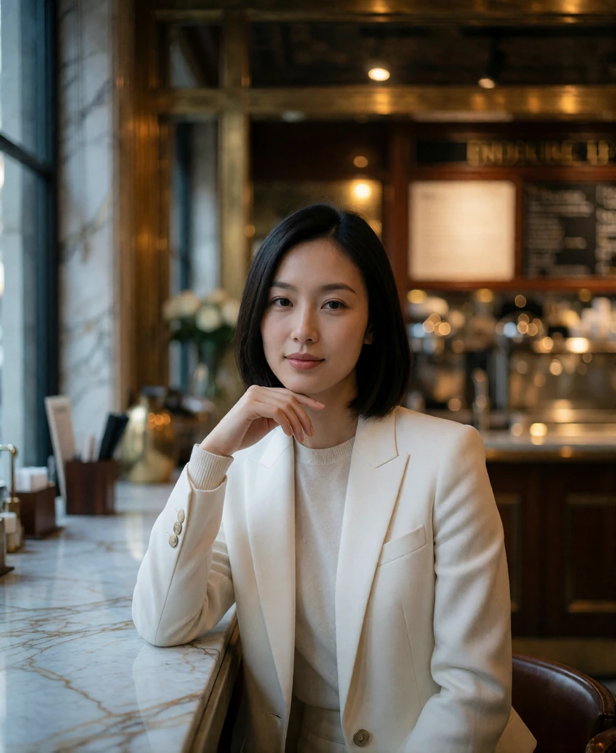 Asian woman in a cream blazer seated at a marble café counter in an upscale Singapore café - SG woman profile example