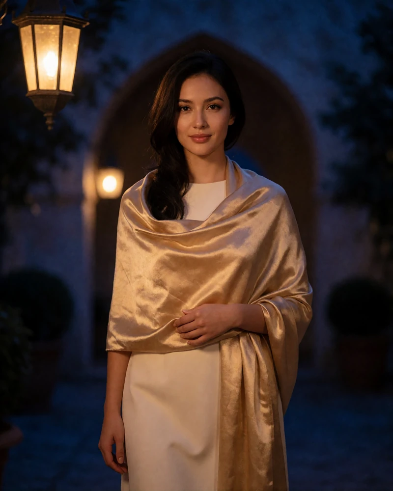Tajik woman in her late twenties wearing a soft gold shawl over a cream dress in a courtyard archway - Tajik dating site profile example